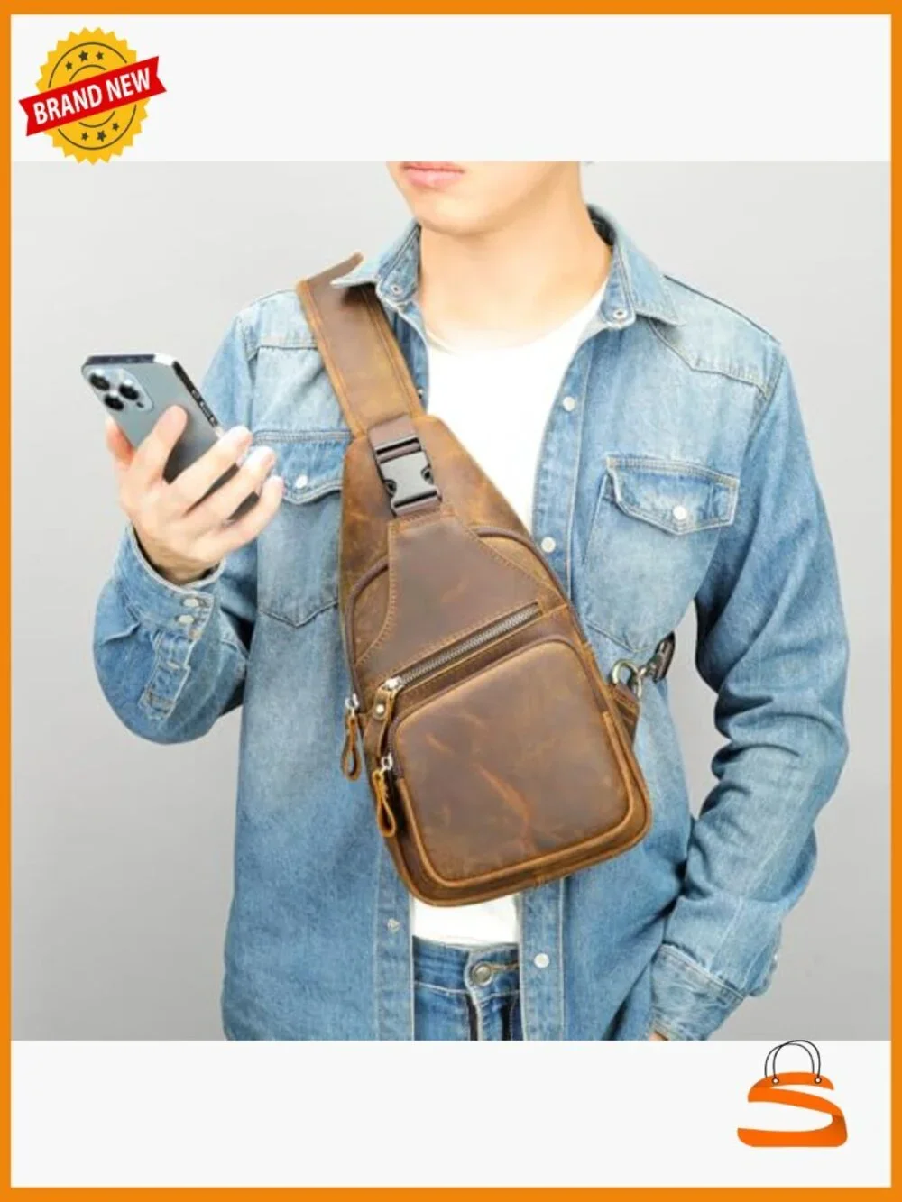 Vintage Genuine Leather Crossbody Sling Bag with Adjustable Strap